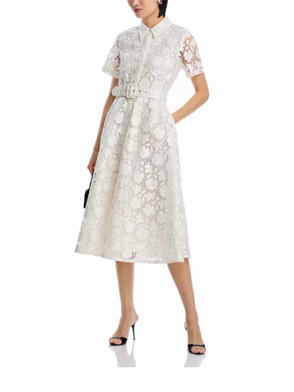 Lace Shirt-Collar Midi Dress with Belt - White